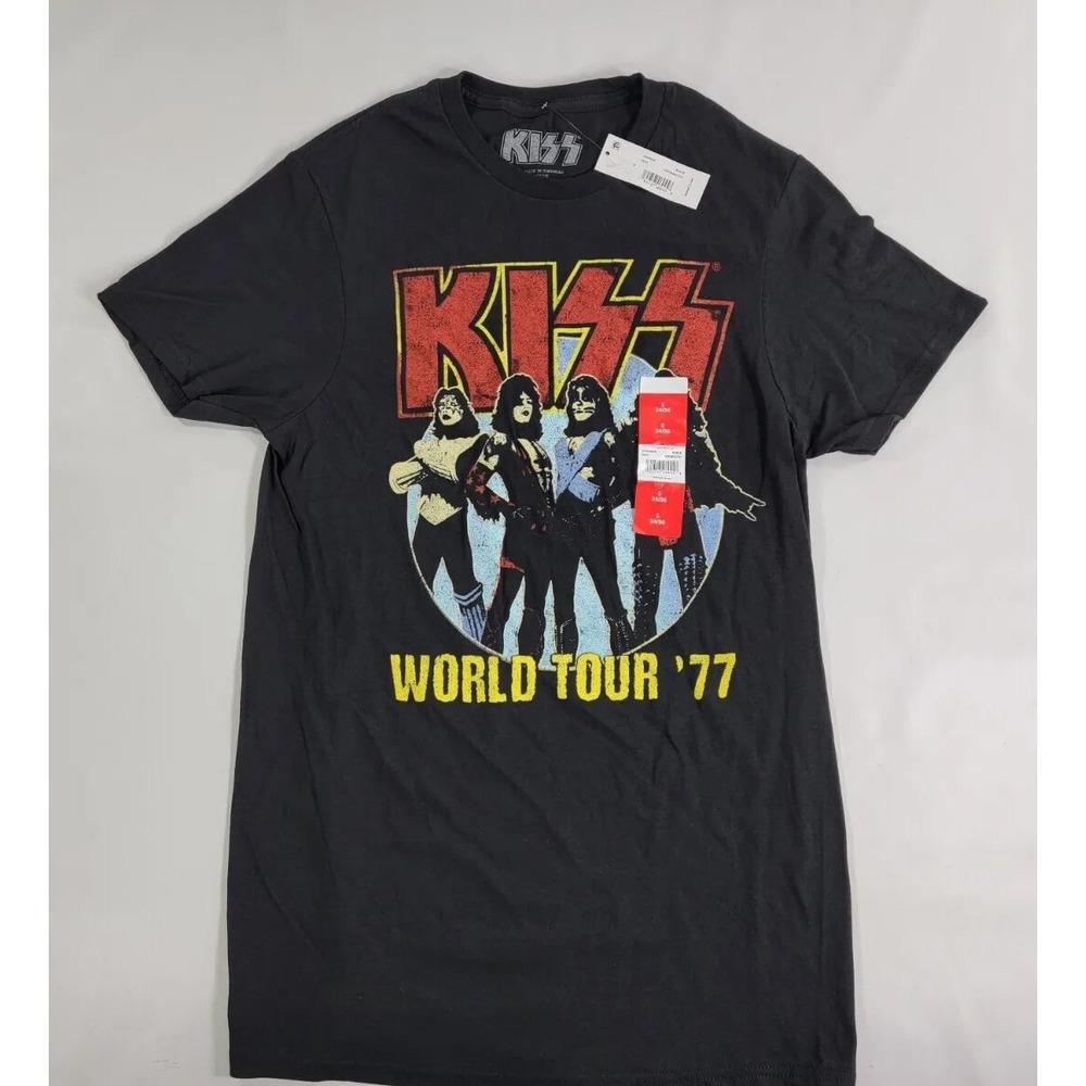 Authentic Black Graphic Vintage Style KISS World Tour 77 T-Shirt Unisex Small